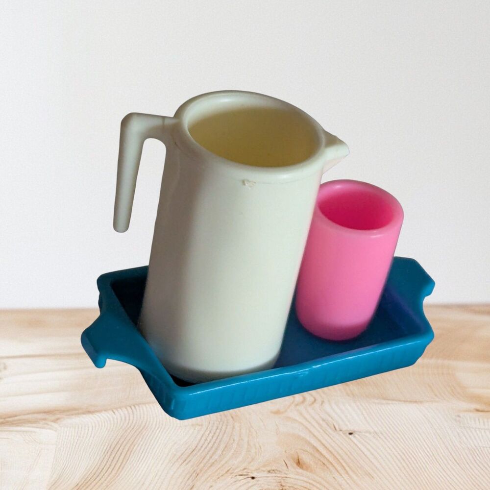 Barbie Doll White Pitcher Blue Tray Kitchen Utensils Pink Cup Glass Picnic